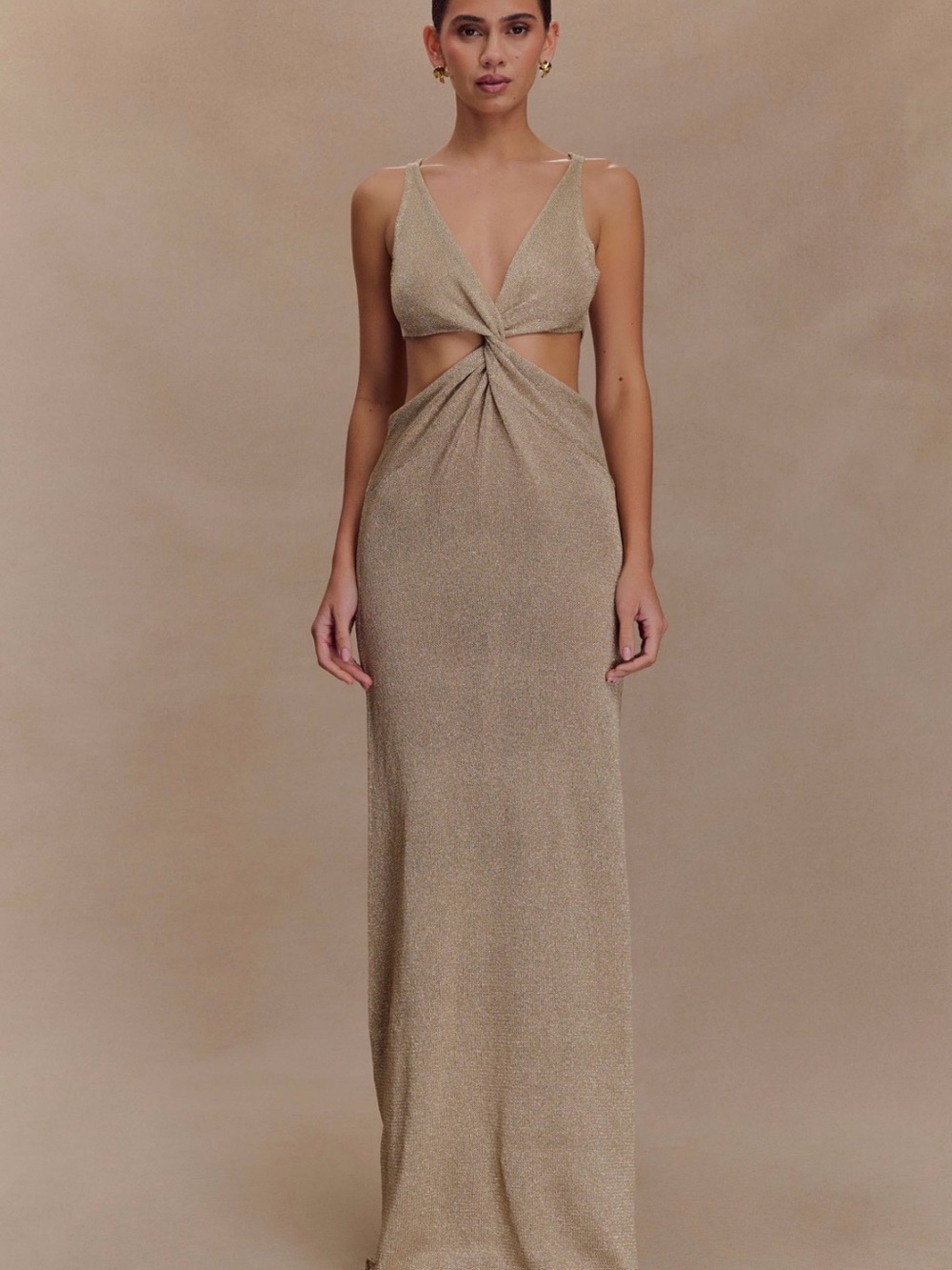 Meshki Gracelyn Dress - Champagne Twist-Front Cutout Maxi Dress